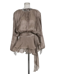 Women Flowy Mini Dress | V Neck | Long Sleeve | Spliced | Lace Up | Blouse Dress