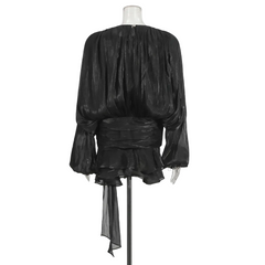 Women Flowy Mini Dress | V Neck | Long Sleeve | Spliced | Lace Up | Blouse Dress