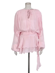Women Flowy Mini Dress | V Neck | Long Sleeve | Spliced | Lace Up | Blouse Dress
