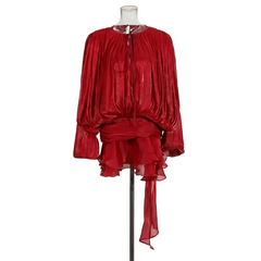 Women Flowy Mini Dress | V Neck | Long Sleeve | Spliced | Lace Up | Blouse Dress