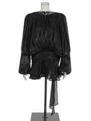 Women Flowy Mini Dress | V Neck | Long Sleeve | Spliced | Lace Up | Blouse Dress