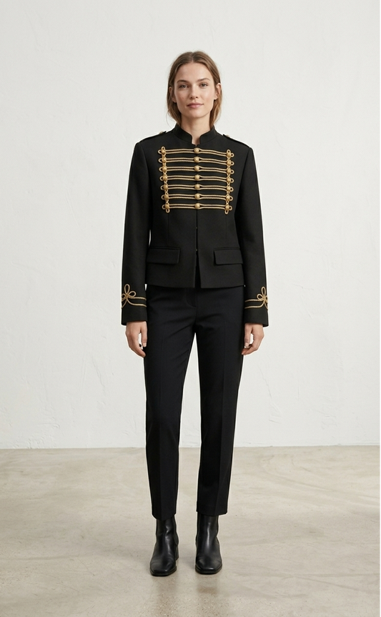 Women Napoleon Jacket | Black Short Jacket | Stand Collar | Pearl Buttons | Cropped Jacket