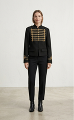 Women Napoleon Jacket | Black Short Jacket | Stand Collar | Pearl Buttons | Cropped Jacket