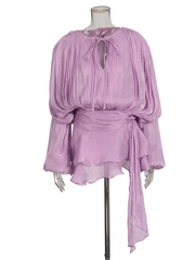 Women Flowy Mini Dress | V Neck | Long Sleeve | Spliced | Lace Up | Blouse Dress