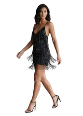 Women Deep V-Neck Dress | Spaghetti Strap | Fringe Bodycon Mini Dress | Tassels | Backless