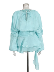 Women Flowy Mini Dress | V Neck | Long Sleeve | Spliced | Lace Up | Blouse Dress