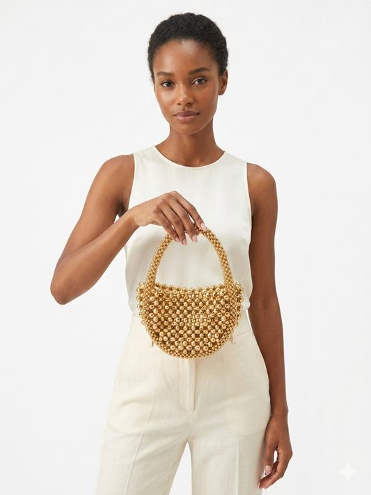 Women Hollow Hand-Made Metal Gold Beads Woven Handbag | Pearl Bag | Round Handbag