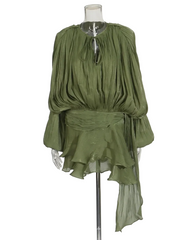 Women Flowy Mini Dress | V Neck | Long Sleeve | Spliced | Lace Up | Blouse Dress