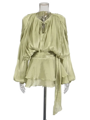 Women Flowy Mini Dress | V Neck | Long Sleeve | Spliced | Lace Up | Blouse Dress