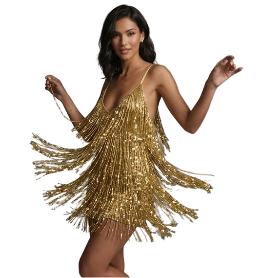 Women Deep V-Neck Dress | Spaghetti Strap | Fringe Bodycon Mini Dress | Tassels | Backless