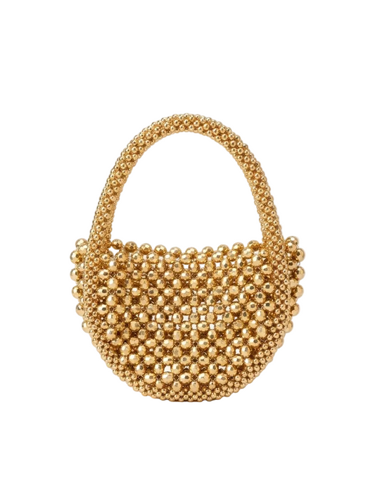 Women Hollow Hand-Made Metal Gold Beads Woven Handbag | Pearl Bag | Round Handbag