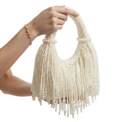 Women Pearl Evening Clutch | Luxury Designer Handbag | Long Tassel Clutch | Pearl Handle