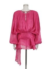 Women Flowy Mini Dress | V Neck | Long Sleeve | Spliced | Lace Up | Blouse Dress