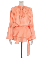 Women Flowy Mini Dress | V Neck | Long Sleeve | Spliced | Lace Up | Blouse Dress