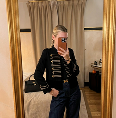 Women Napoleon Jacket | Black Short Jacket | Stand Collar | Pearl Buttons | Cropped Jacket