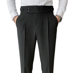 Men Vintage Pencil Pants | High Waisted Suit Pant | Slim Fit Pants with Buttons | Business Casual Straight Trousers
