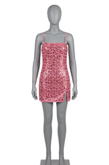 Women Sequin Party Dress | Mini Slip Dress | Spaghetti Strap | Split Hem