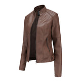 Women Leather Jacket | Stand-up Collar Motor Biker