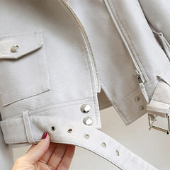 Women Biker Leather Jacket with Belt