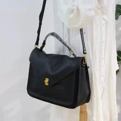 Women Black Large Capacity Leather Messenger Bag | Genuine Leather Handbag
