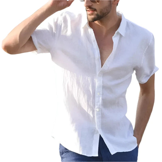 Men Casual Short Sleeve Cotton Shirt | Lapel Button Solid Color Shirt