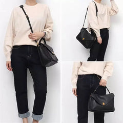 Women Black Large Capacity Leather Messenger Bag | Genuine Leather Handbag