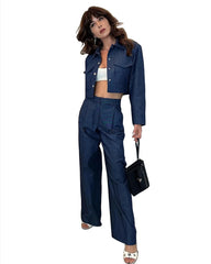 Women Two Piece Set | Cropped Shirt | High Waisted Pleated Wide Legged Pants