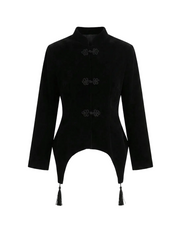 Women Napoleon Jacket | Black Velvet Tassel Jacket | Knot Button | Asymmetric Hem | Long Sleeve | Slim Fit | Elegant Coat
