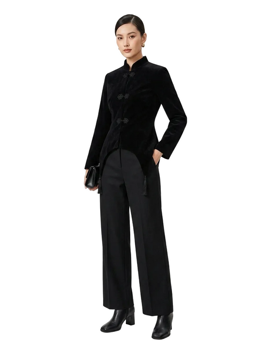 Women Napoleon Jacket | Black Velvet Tassel Jacket | Knot Button | Asymmetric Hem | Long Sleeve | Slim Fit | Elegant Coat