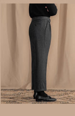 Men High-Waisted Woolen Pants | Herringbone | Italian Vintage Pants | Suit Pants |  Warm | Straight Fit