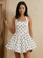 Women Polka Dot Vacation Mini Dress | High Waist | Ball Gown Dress | Sleeveless | Halter Neck