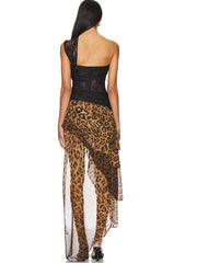 Women Leopard Print See Through Lace Dress | One Shoulder Ruffle Dress | Summer Elegant Party Dress