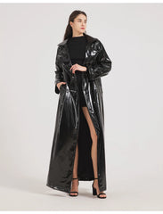 Women Black Shiny Leather Trench Coat | Luxury Designer | Floor Length | Glossy Leather Coat | Reflective | Soft Patent