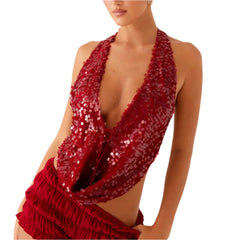 Women Sequin Halter Top | Sleeveless Deep V Neck | Backless Glitter Tank Top