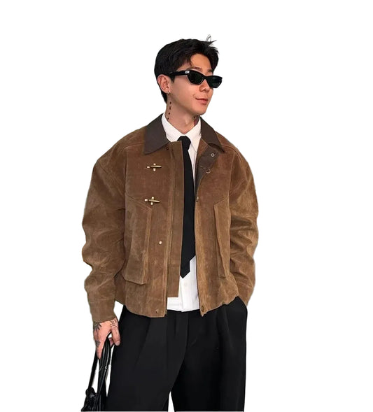 Men Suede Jacket | Loose Collar | Airplane Buckle
