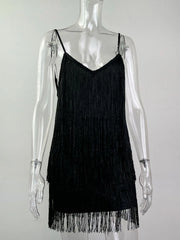 Women Deep V-Neck Dress | Spaghetti Strap | Fringe Bodycon Mini Dress | Tassels | Backless