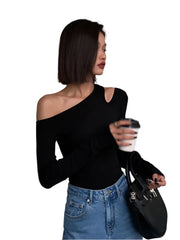Women Black Skew Collar Off-Shoulder Top | Long-Sleeved Slim Fit Shirt