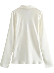Women Satin Loose Tie Bow Blouse | Long Sleeve Silk Casual Shirt