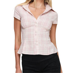 Women Short Sleeve Plaid Button Down Shirt | Button Down Blouse | Fitted Top