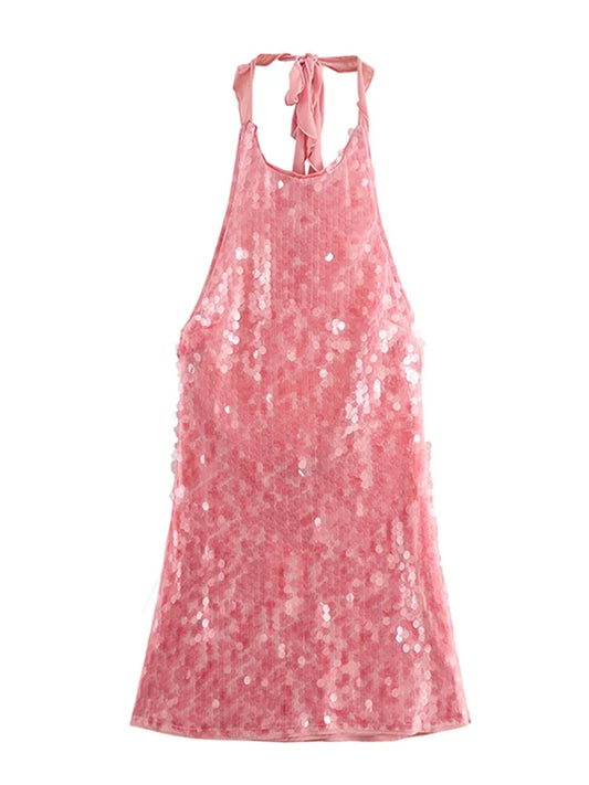 Women Sequin Halter Party Dress | Pink Slim Sleeveless Backless Mini Dress