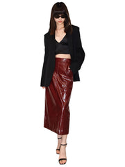Women Shiny Reflective Leather Midi Skirt | High Waist Pencil Skirt