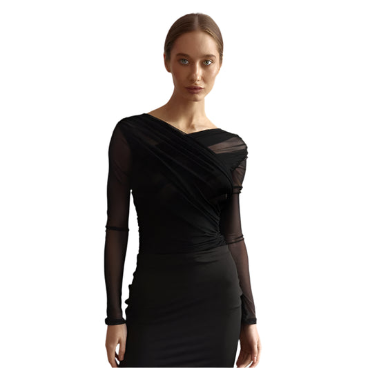 Women Cross Neck Mesh Crop Top | Pleated Long Sleeve See-Through Top