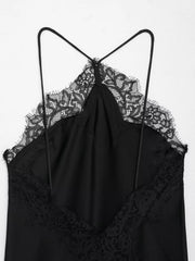 Women Lace Spliced Sling Dress | Sleeveless | Backless | Asymmetrical | Holiday | Party Wear