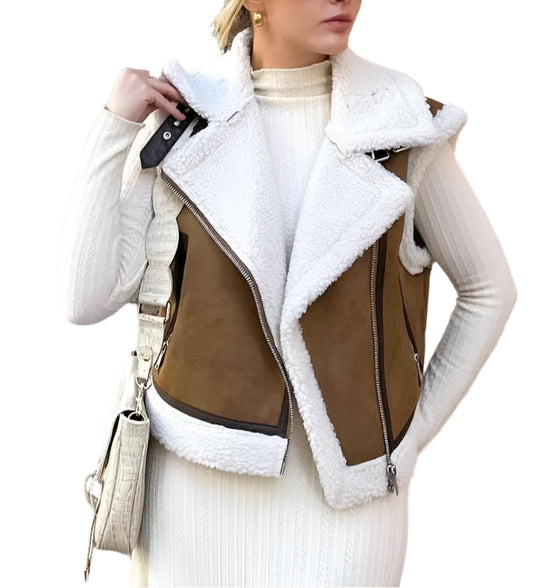 Women Short Thick Leather Zip Waistcoat | Lambswool Patchwork Sleeveless Casual Vest