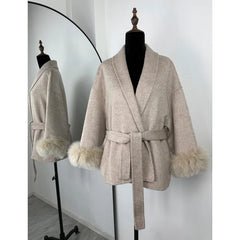 Women Fur Woolen Coat | Short Coat | Elegant Double-Sided Wool Overcoat | Cardigan Jacket | Long Wrap Coat