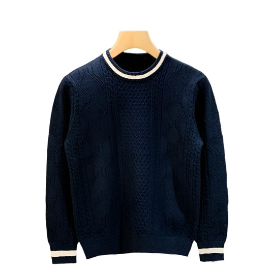 Men Navy Blue Round Neck Pullover | Long-Sleeved Knitted Cashmere