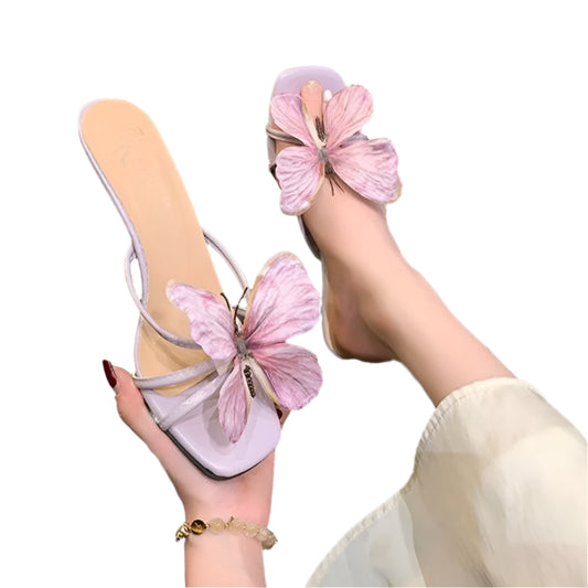 Women Summer Elegant Butterfly Heel Slippers | Fairy Versatile Casual Low Heeled Sandals | Comfortable