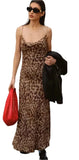 Women Vintage Spaghetti Strap Long Leopard Dress | Animal Print Dress