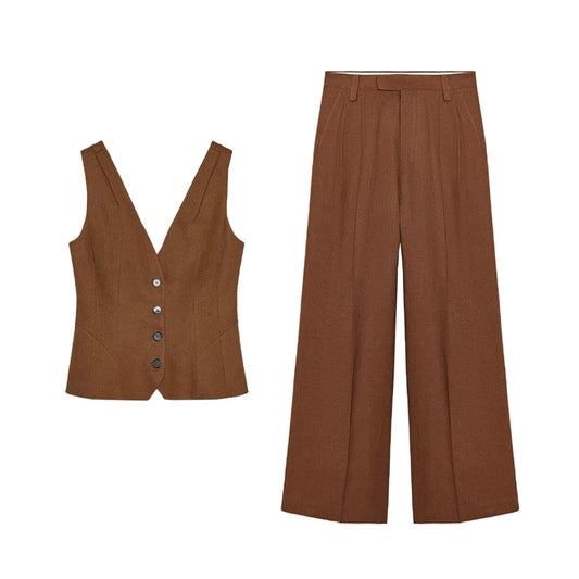 Women Brown Casual Pleated Pants | V Neck Vest Top | Set