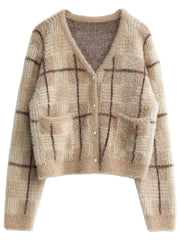 Women Knitted Plaid Cardigan | Knitted V-Neck Sweater
